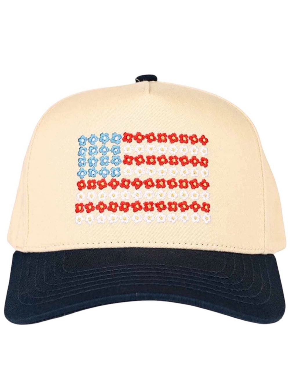 Beige and Navy Trucker Hat with Flower Flag Embroidery.  100% cotton. NWT